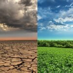 réchauffement climatique 2050: Paysages contrastés montrant sécheresse et verdure sous ciel menaçant.