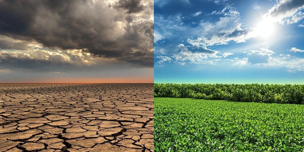 réchauffement climatique 2050: Paysages contrastés montrant sécheresse et verdure sous ciel menaçant.