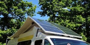 Flexible solar panel on van in the wild