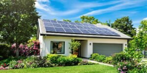 Maison moderne, panneaux solaires, jardin luxuriant, énergie abondante.