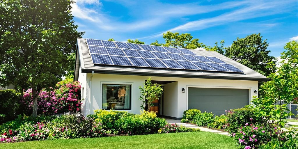 Maison moderne, panneaux solaires, jardin luxuriant, énergie abondante.