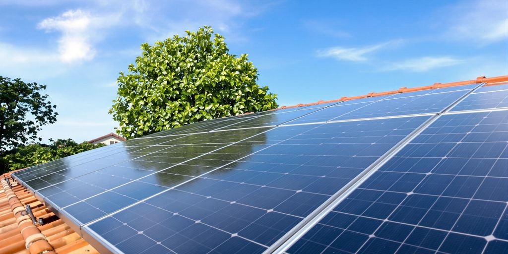 Panneaux solaires sur un toit de maison, ciel bleu