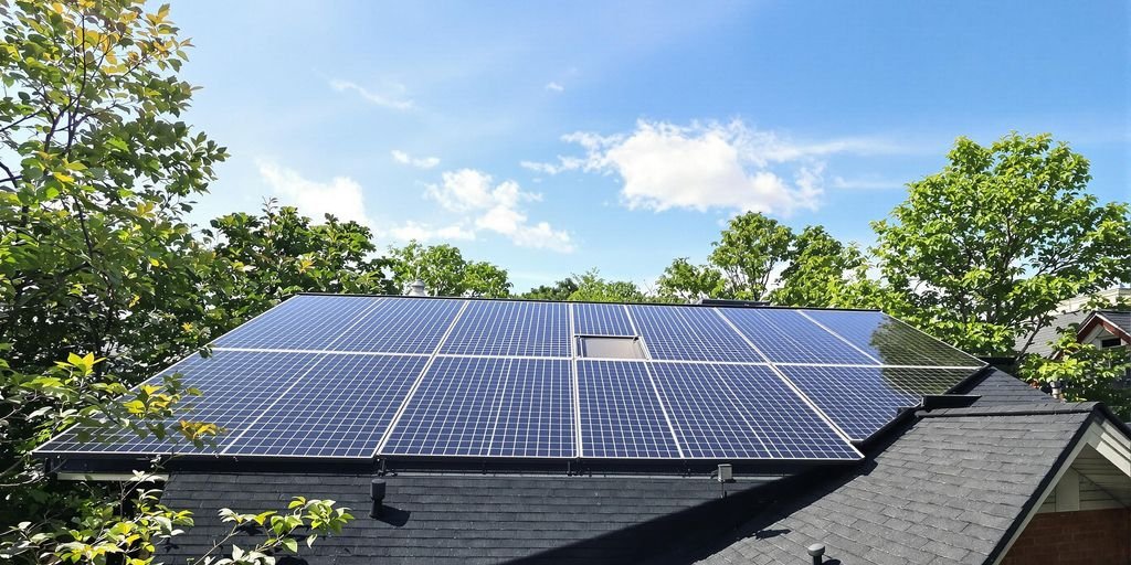 combien de panneaux photovoltaïques pour 5000 kw: Panneaux solaires sur un toit de maison