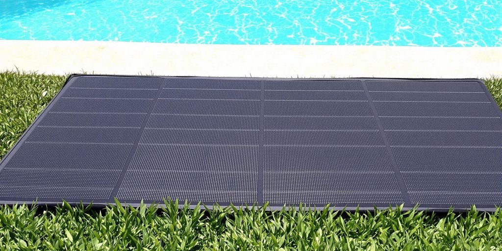 tapis solaire piscine noir sur gazon vert avec piscine bleue