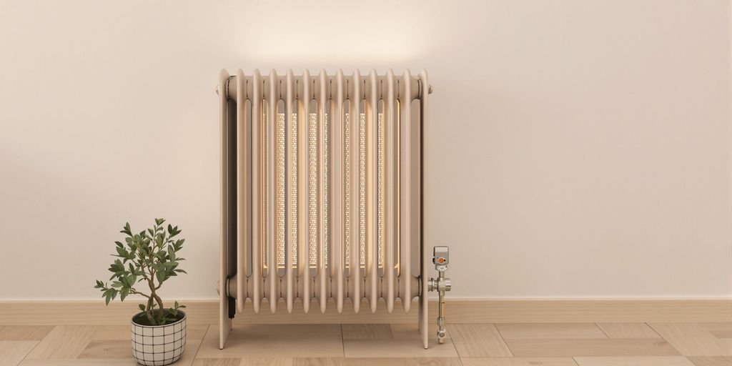 Compact toaster-style radiator in operation