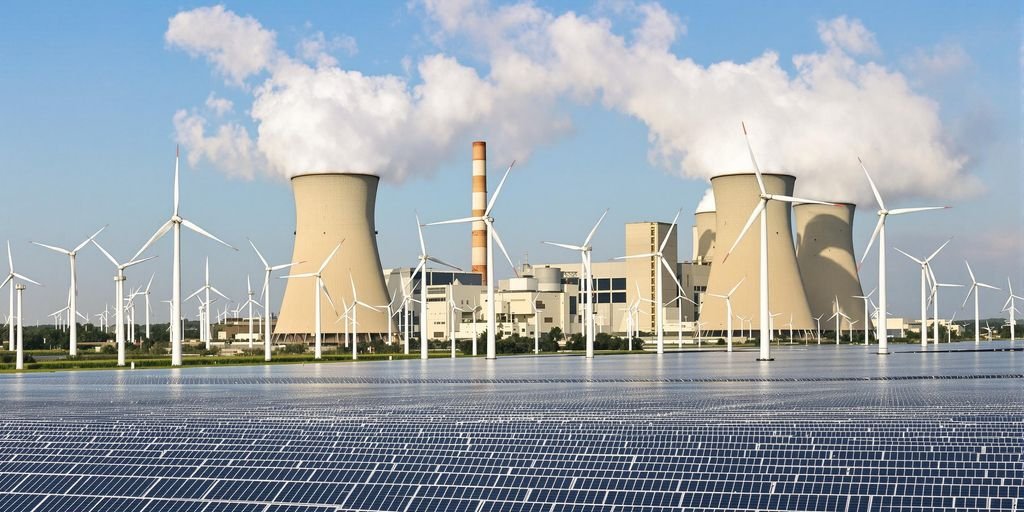 Power station, wind turbines, solar panels.