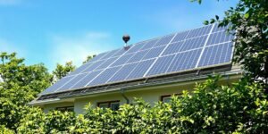 Solar panels on a house roof, cooling the air