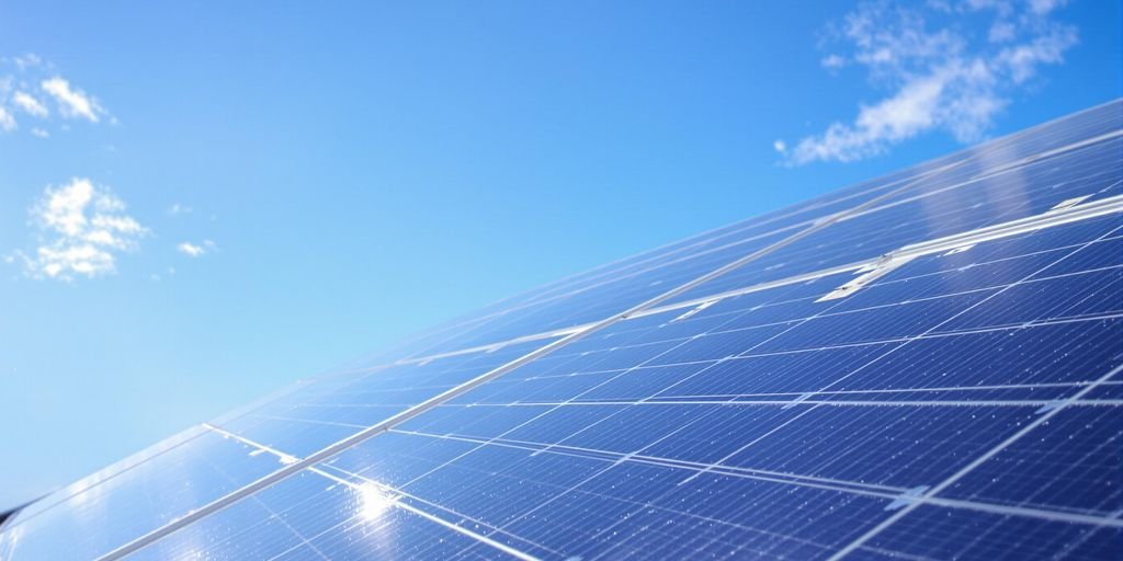 solar panel angle: Tilted solar panel blue sky