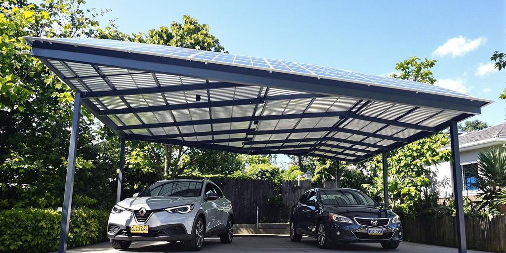 carport solaire 2 voitures: Un grand carport solaire avec deux voitures en dessous.