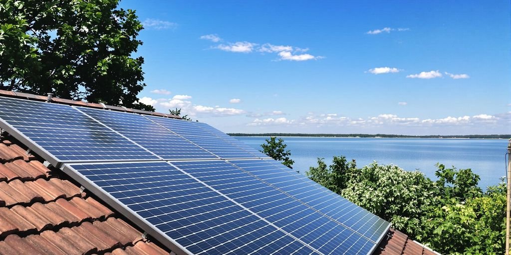 Gironde solar panel: Solar panels on roof near the pond in Gironde