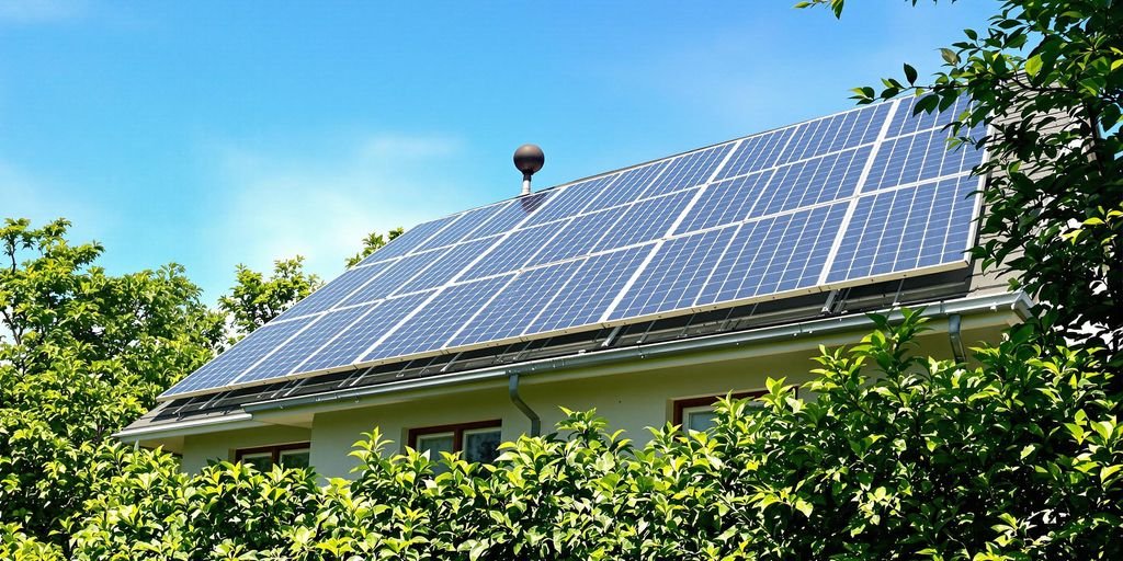 Panneaux solaires sur un toit de maison, rafraîchissant l'air avec une climatisation solaire