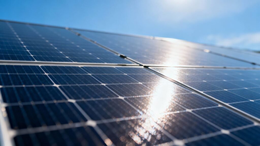 Panneaux solaires photovoltaïques sous un ciel bleu.