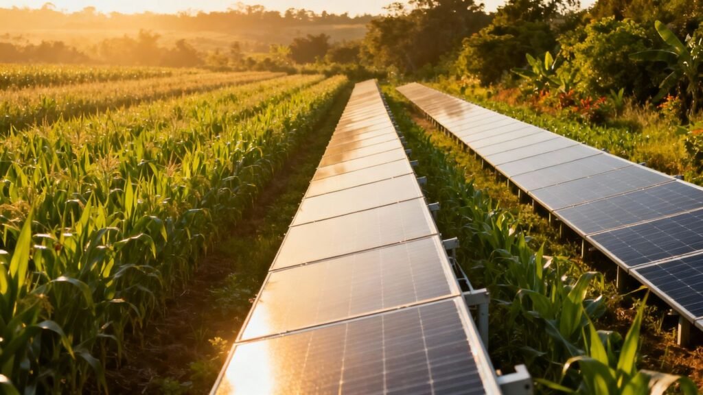 Solar panels in a sunny agricultural field.