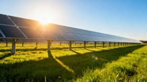 Solar panels under a blazing sun.