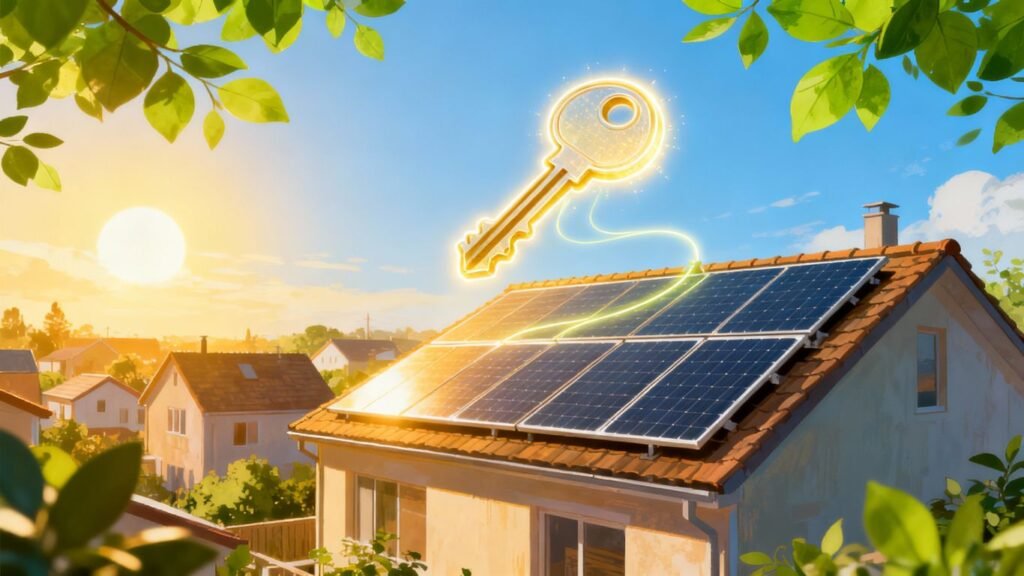Panneaux solaires sur un toit avec une clé lumineuse.
