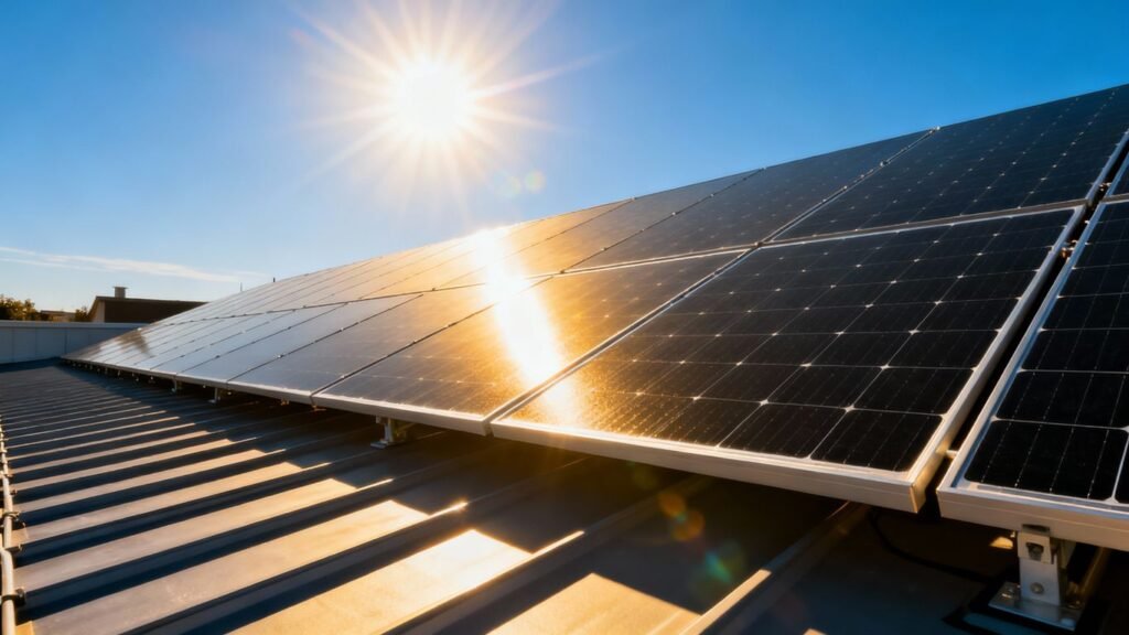 Solar panels on a roof with the sun