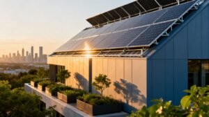 Panneaux solaires sur un bâtiment moderne sous le soleil.