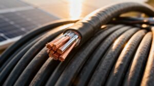 Black and grey photovoltaic cables with exposed copper conductors.