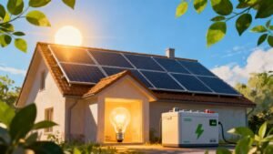 Solar panels on a roof, house and battery.