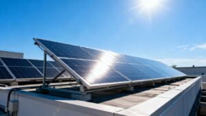 Solar panels on a roof under the sun.