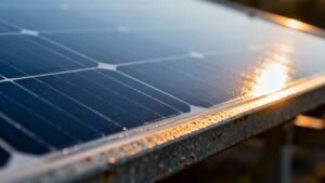 Solar panel under a blazing sun, close-up.
