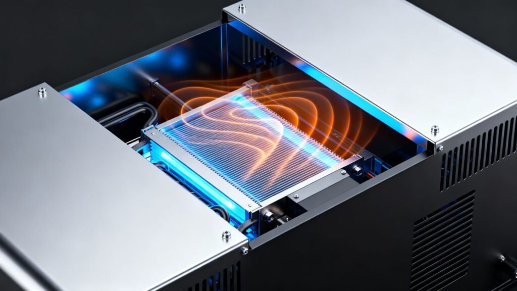 Powerful inverter with luminous blue internal components.