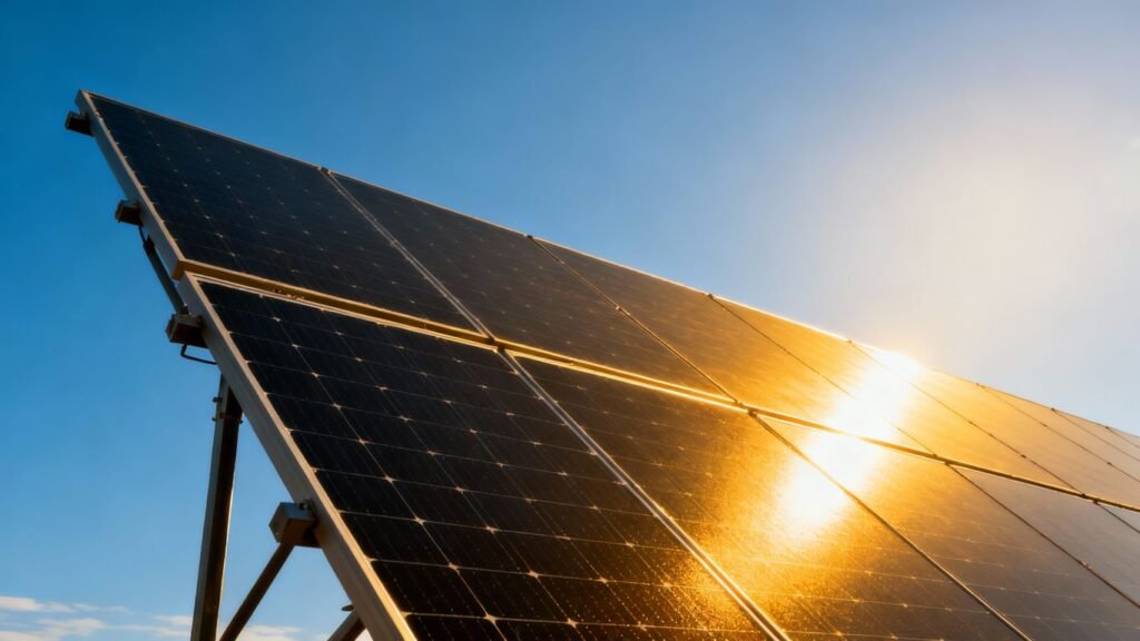 Panneaux solaires sous un ciel bleu ensoleillé.