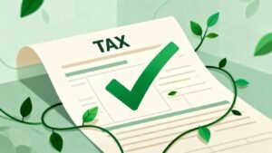 Tax form with a green tick and leaves.