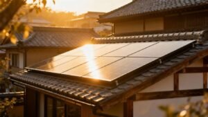 Solar panels on a roof with traditional architecture.