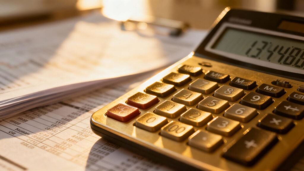 Calculatrice et documents financiers sous la lumière du soleil.