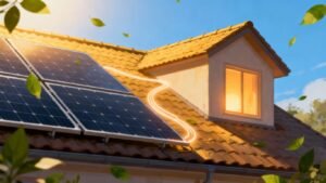 Solar panels on a roof, house, green energy.