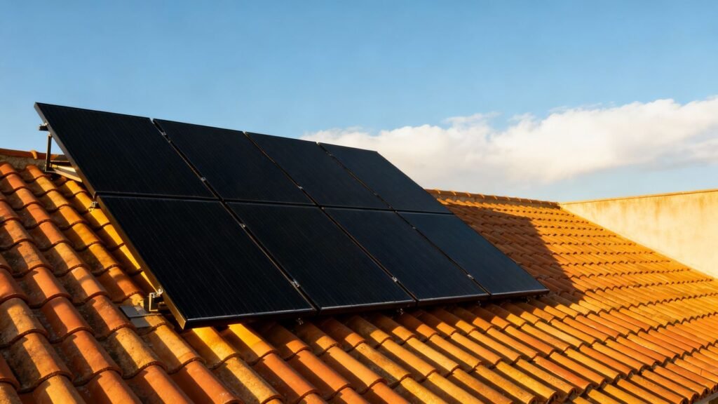 Photovoltaic solar panels on a sunny roof.