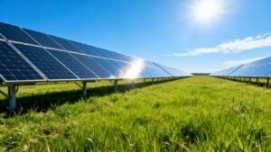 Solar panel field on a sunny plot of land.