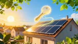 Solar panels on a roof with a bright key.