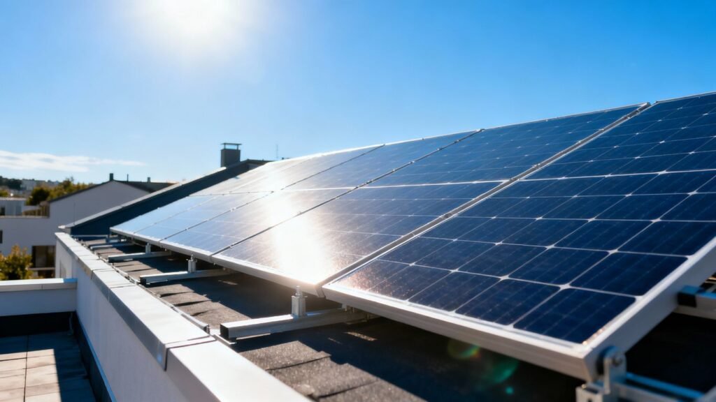 Solar panels on a roof under a blue sky.