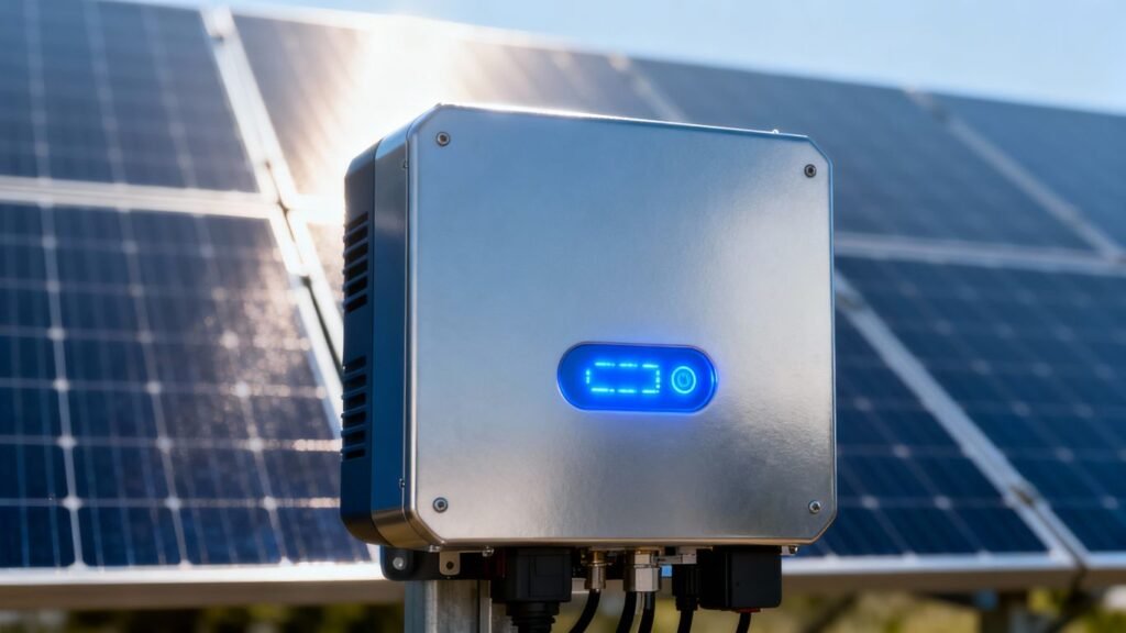 Photovoltaic inverter with solar panels and sunlight.