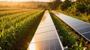 Panneaux solaires dans un champ agricole ensoleillé.