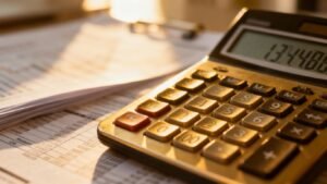 Calculator and financial documents under the sunlight.