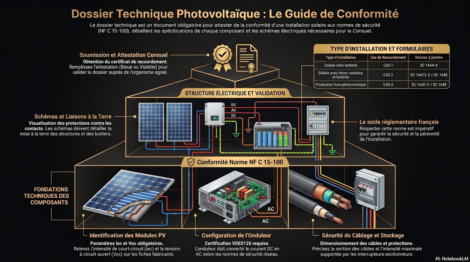 Exemple dossier technique installation photovoltaïque : modèle à suivre 2 Guide du dossier technique pour installation photovoltaïque Ce document détaille les **exigences techniques et administratives** nécessaires pour constituer un dossier de conformité lors de l'installation de panneaux photovoltaïques. Il explique que ce dossier est **obligatoire pour valider la sécurité** du système, notamment pour obtenir l'attestation du Consuel et permettre le raccordement au réseau. Le guide énumère les **composants essentiels à documenter**, tels que les modules solaires, les onduleurs, les câblages et les éventuels dispositifs de stockage par batterie. Une attention particulière est portée au respect de la **norme NF C 15-100** ainsi qu'à la précision des schémas électriques fournis. Enfin, l'article souligne l'importance de choisir les **formulaires spécifiques** selon que l'installation est destinée à l'autoconsommation ou à la revente d'énergie.