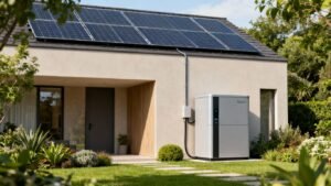House with solar panels and energy storage system.