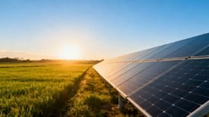 Solar panels against a backdrop of lush green nature.