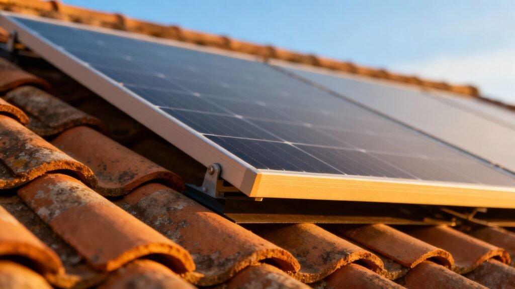 Panneaux solaires sur un toit, sécurité incendie.