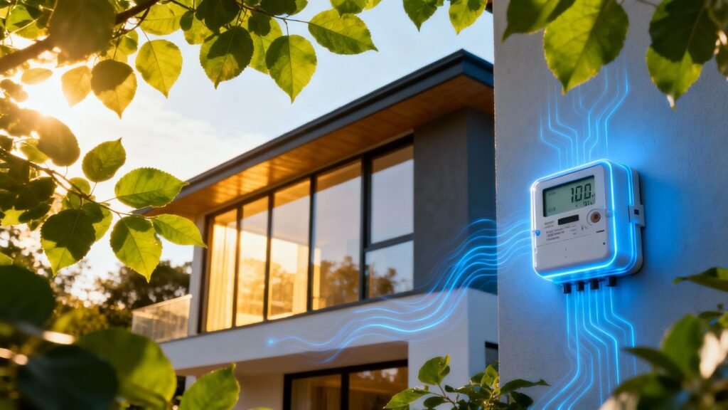 Modern house with energy meter and eco-friendly design.