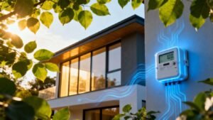 Modern house with energy meter and eco-friendly design.