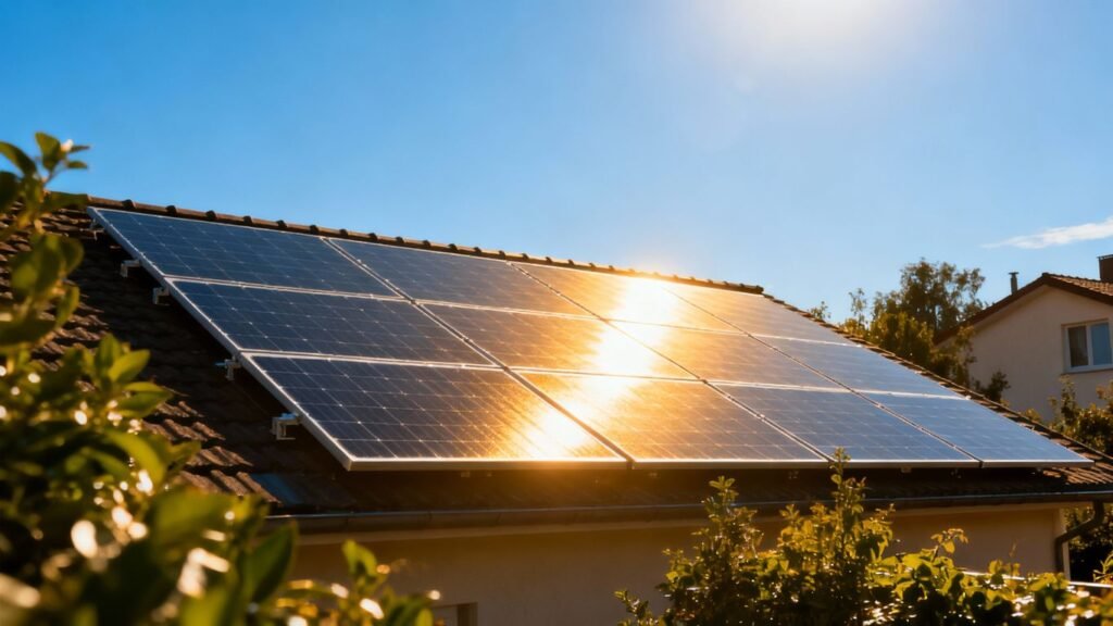 Solar panels on a sunny roof.