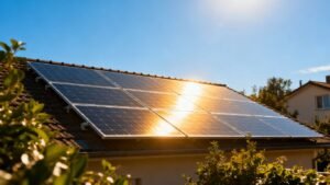 Solar panels on a sunny roof.