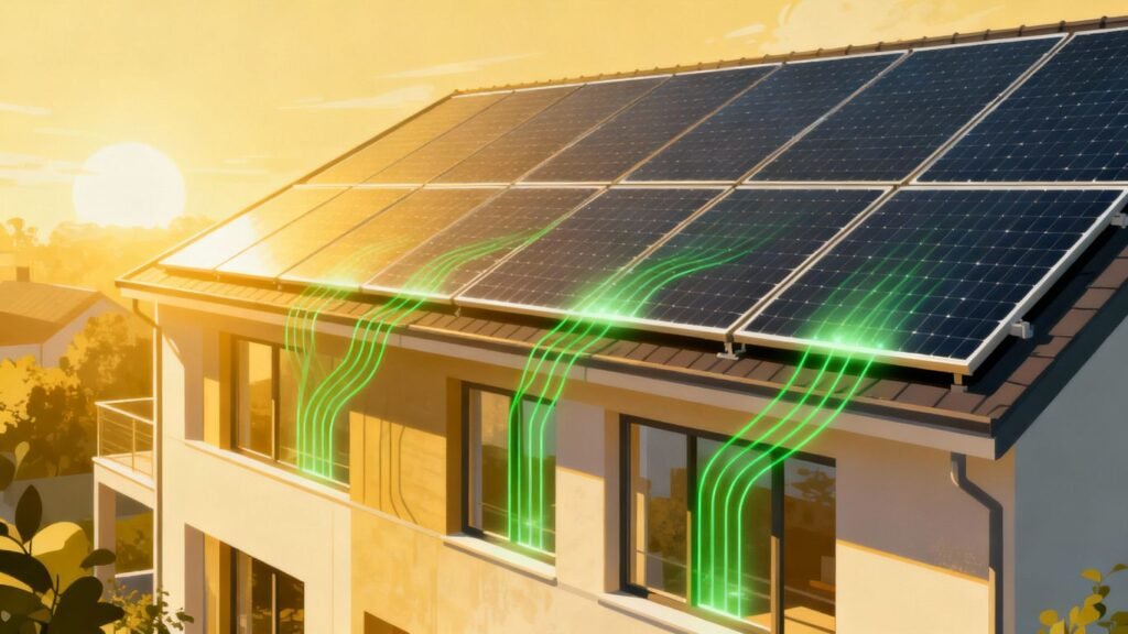 Solar panels on a roof of a modern building.
