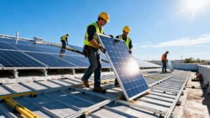 Installation of solar panels on a roof.