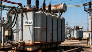 Transformateur électrique industriel avec étiquette 250 kVA