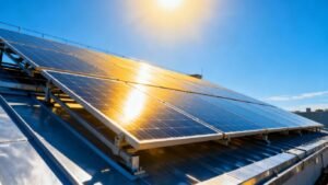 Solar panels on a roof under the sun.